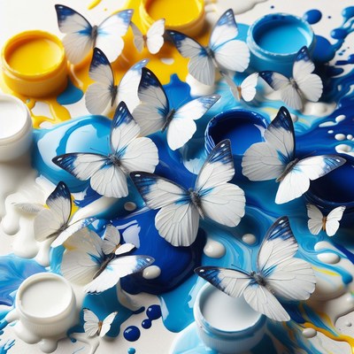 White butterflies on blue and yellow paint