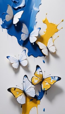Butterflies and splashes of blue and yellow paint