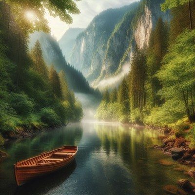 Mountain river with boat and fog