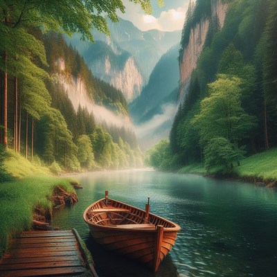Wooden boat docked in mountain river