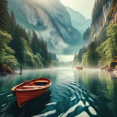 Rowboat on a misty mountain lake