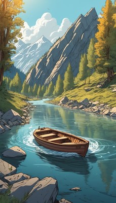 Boat drifting on mountain river