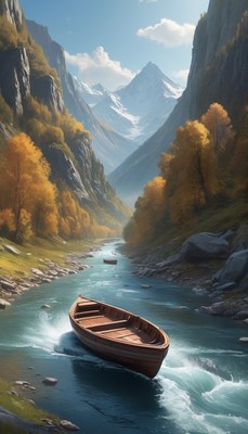 Rowboat navigating mountain river