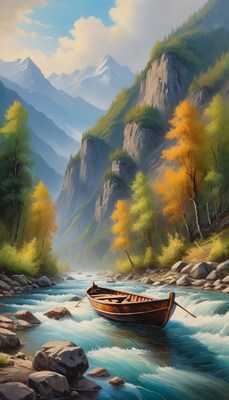 Mountain river boat scene