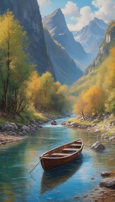 Boat moored in mountain river