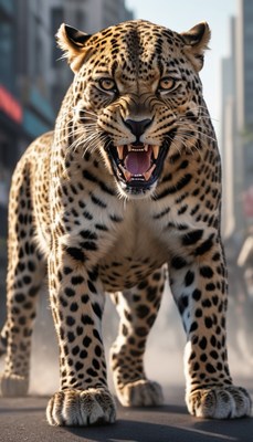 Leopard roaring in city street