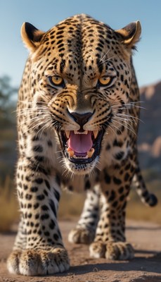 Leopard roaring in african savanna