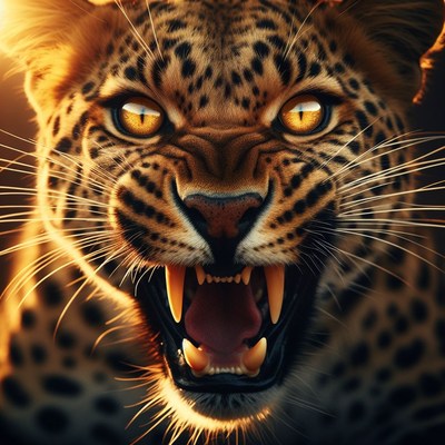 Leopard growls at sunset