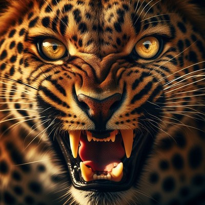 Close-up of leopard's ferocious snarl