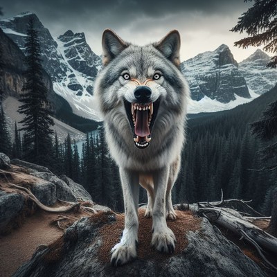 Wolf howling in snowy mountains