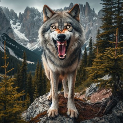 Wolf howling in mountain forest