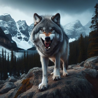Wolf howling in mountain landscape