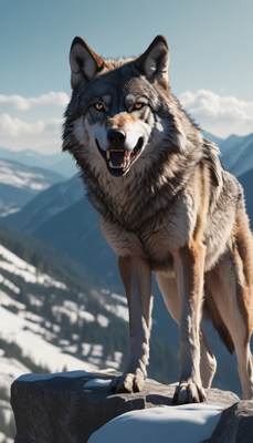 Wolf standing on mountain peak