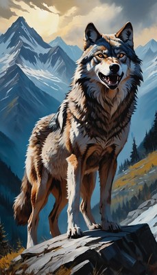 Wolf standing on mountain peak