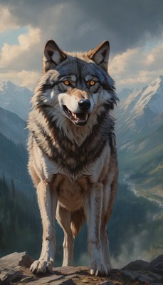 Wolf standing on mountain peak