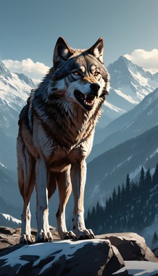 Wolf standing on a mountain peak