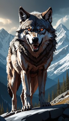 Wolf standing on mountain ridge