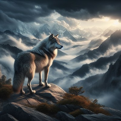 Wolf standing on a mountain peak