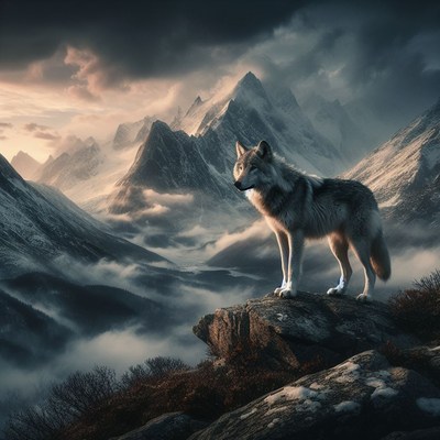 Wolf standing on mountain peak at dawn