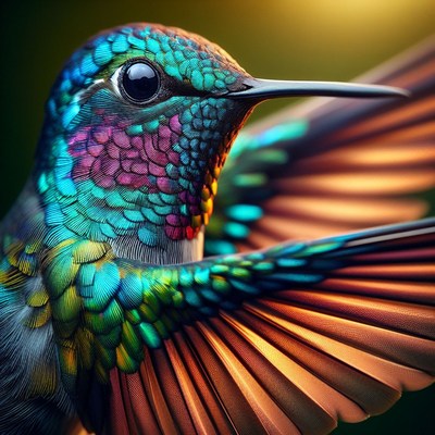 Hummingbird with spread wings in flight