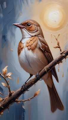 Brown bird perched on branch in sunlight