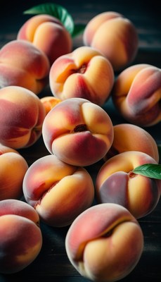 Ripe peaches on dark wood table