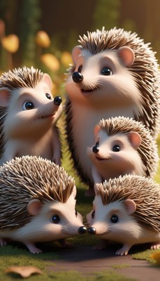 Hedgehog family gathering in the forest