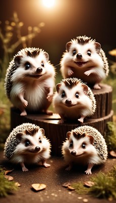 Five hedgehogs on a stump