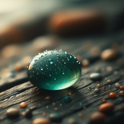 Teal glass pebble with water drops