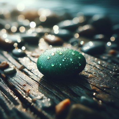 Wet stone on wooden plank