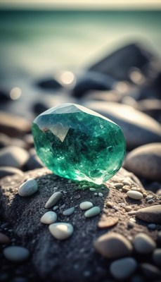Green gemstone on beach rocks