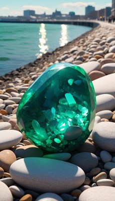 Green glass sphere on pebble beach