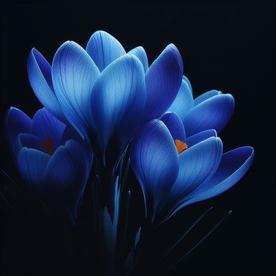 Blue crocus flowers in darkness