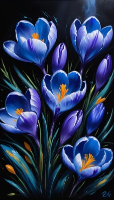 Blue crocuses in a dark garden