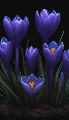 Purple crocuses blooming in dark garden