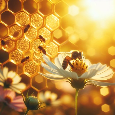 Honeycomb and bee on flower
