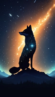 Fox silhouette against starry night sky