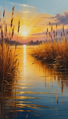 Sunset over a still lake