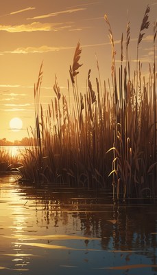 Sunset over reeds and water