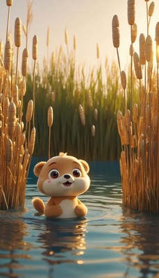 Otter in water with cattails