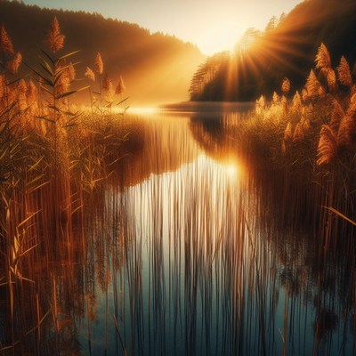 Golden hour sunrise over lake