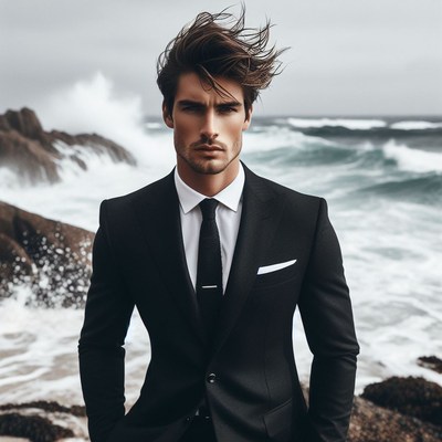 Man in suit by ocean