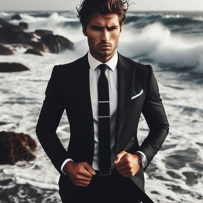 Man in suit standing by the ocean