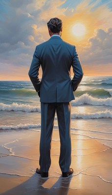 Man in suit watching sunset on beach
