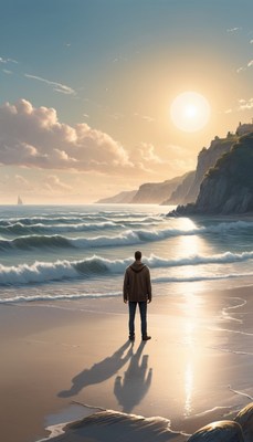 Man stands on beach at sunset