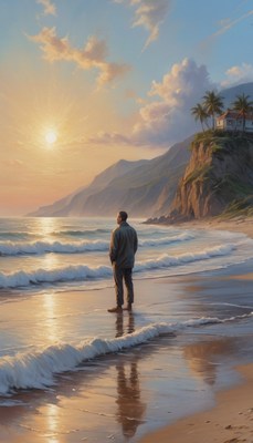 Man standing on beach at sunset