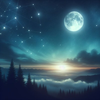 Night sky over foggy forest