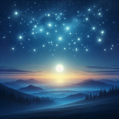 Night sky over foggy mountains