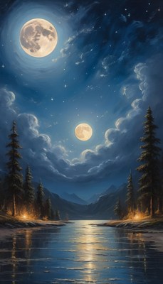 Night sky over lake and mountains