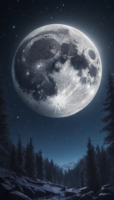 Full moon over forest creek